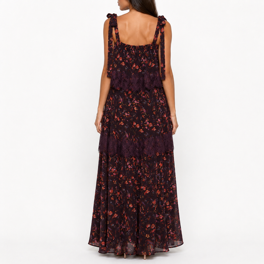 Burgundy Floral Tiered Maxi Dress with Lace Trim