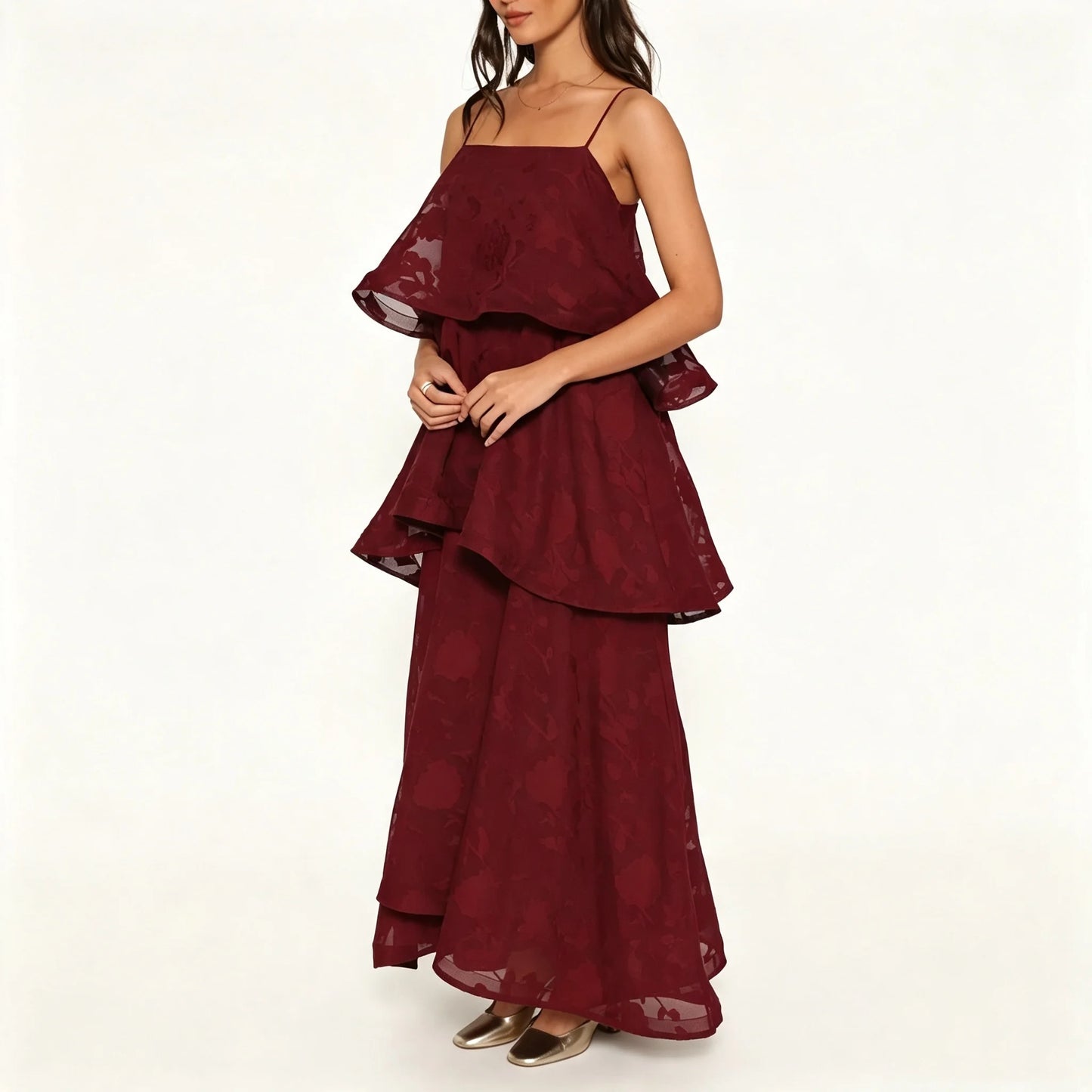 Burgundy Floral Jacquard Tiered Maxi Dress