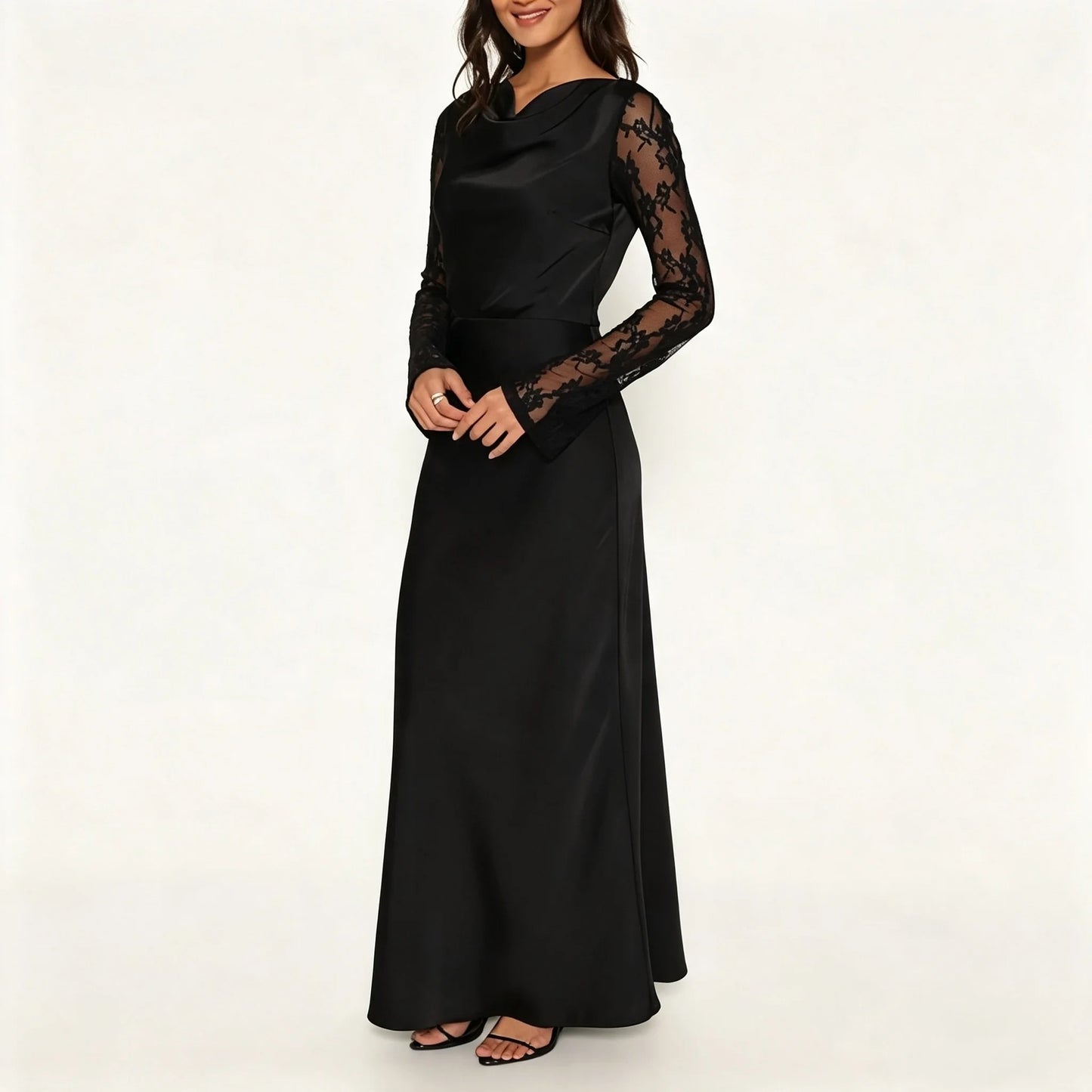 Black Lace-Sleeve Maxi Dress with Waist Cutout