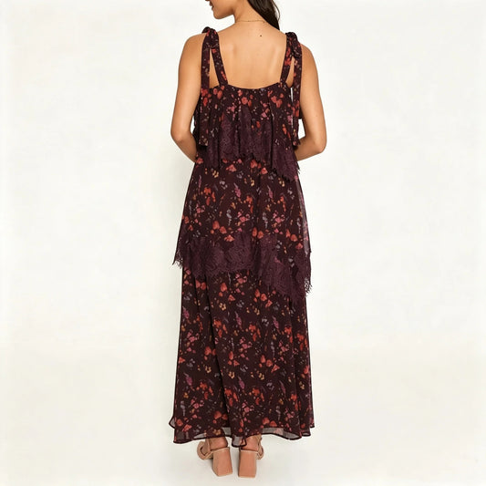 Burgundy Floral Tiered Maxi Dress with Lace Trim