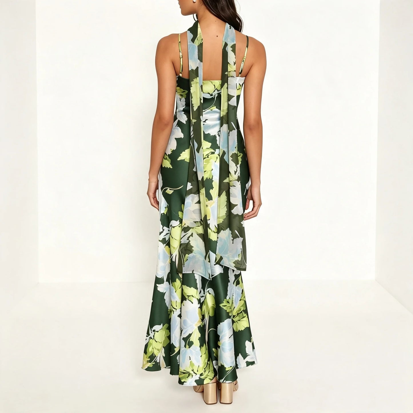 Dark Green Floral Maxi Dress with Scarf Detail