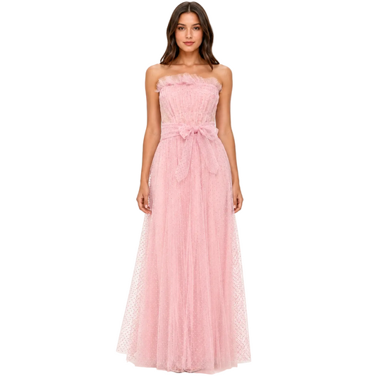 Light Pink Strapless Maxi Dress with Dotted Overlay