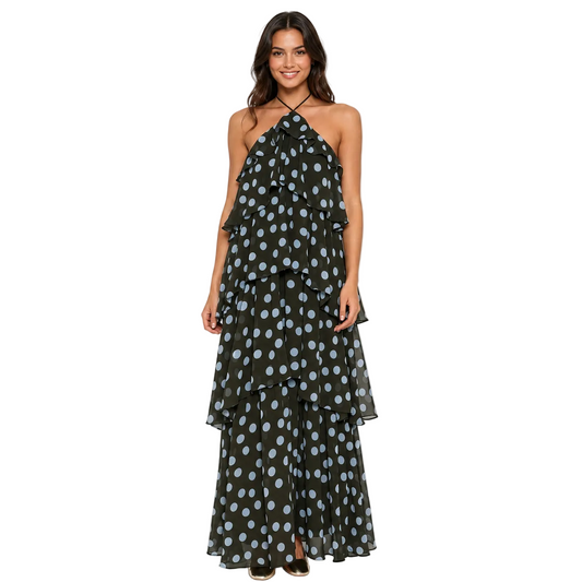Dark Olive Polka Dot Tiered Halter Maxi Dress