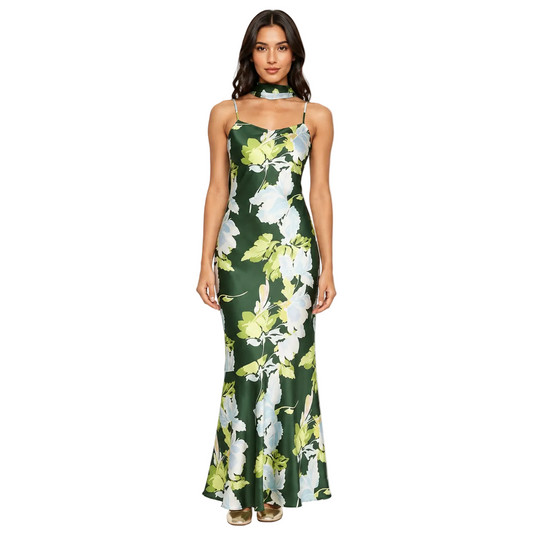 Dark Green Floral Maxi Dress with Scarf Detail