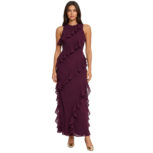 Plum Ruffle Maxi Dress with Asymmetric Layers