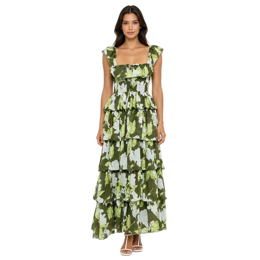 Olive Green Floral Tiered Maxi Dress with Ruffle Neckline