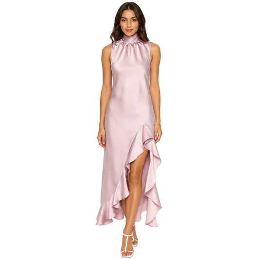 Dusty Pink High-Neck Maxi Dress with Ruffled Slit