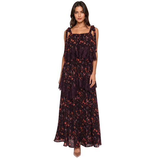 Burgundy Floral Tiered Maxi Dress with Lace Trim