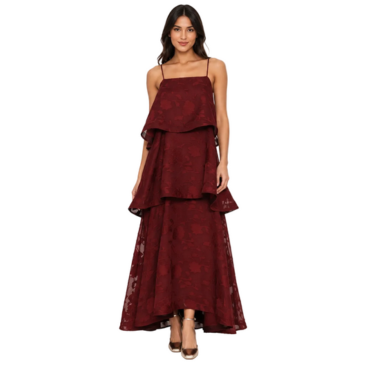 Burgundy Floral Jacquard Tiered Maxi Dress