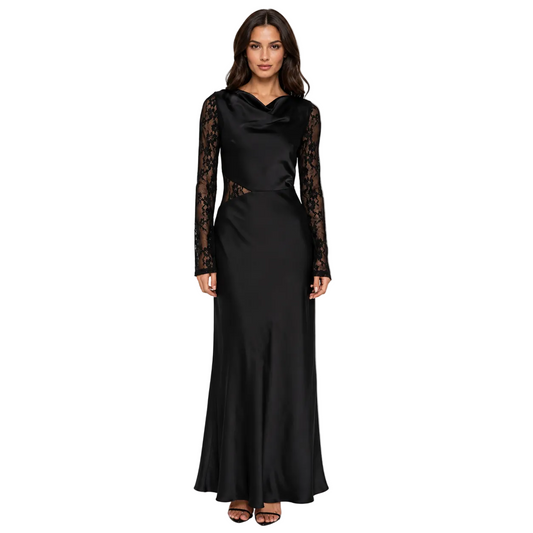 Black Lace-Sleeve Maxi Dress with Waist Cutout