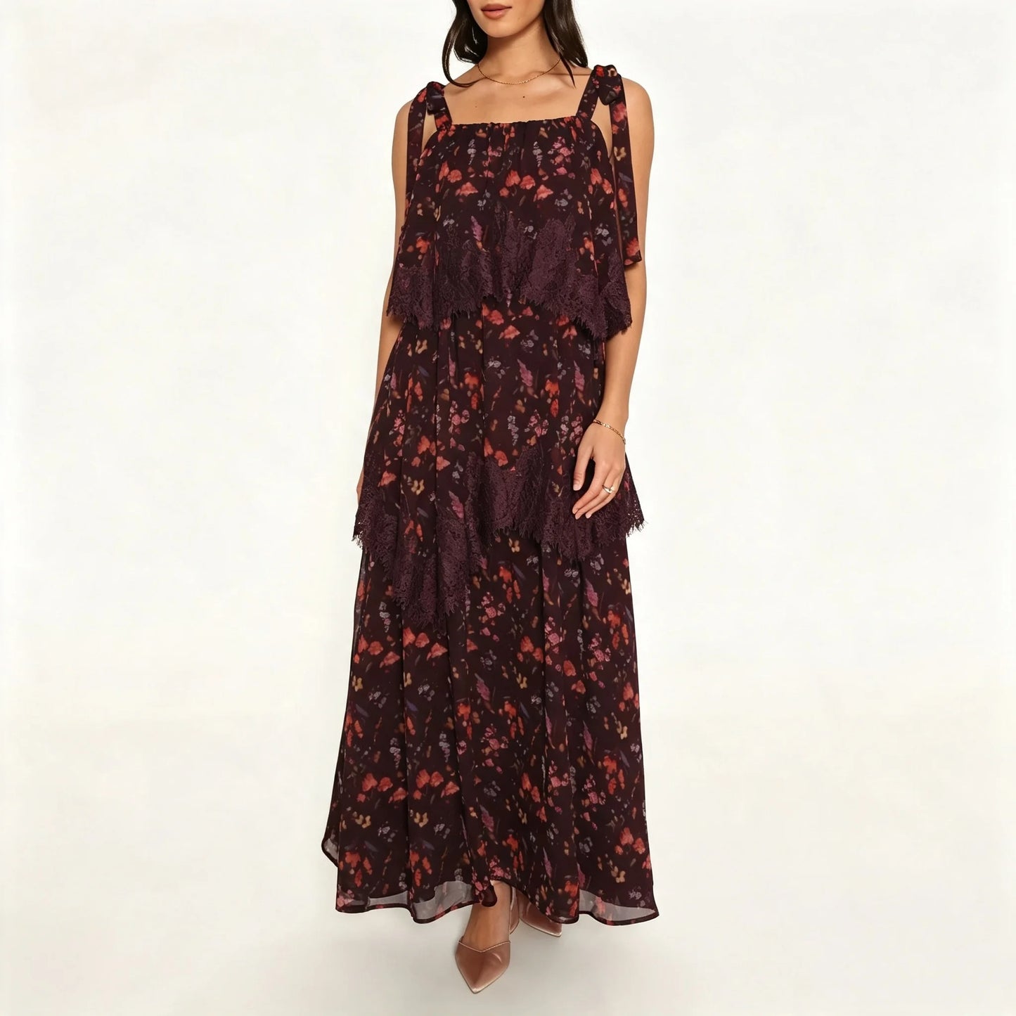 Burgundy Floral Tiered Maxi Dress with Lace Trim