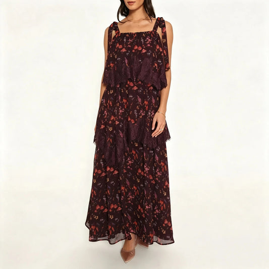 Burgundy Floral Tiered Maxi Dress with Lace Trim