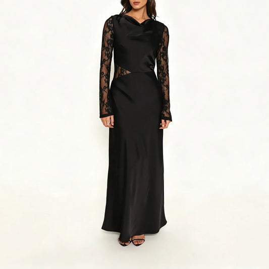 Black Lace-Sleeve Maxi Dress with Waist Cutout