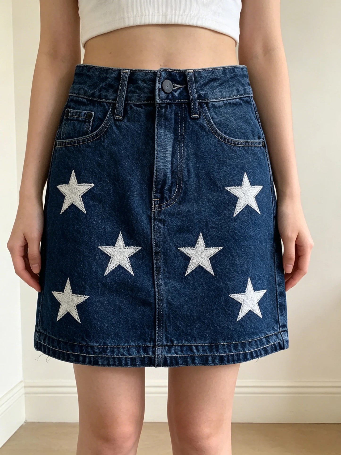 Dark Blue Star Appliqué Denim Mini Skirt