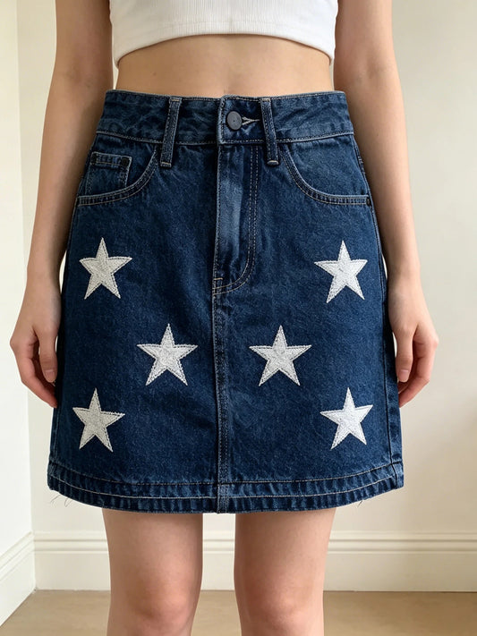 Dark Blue Star Appliqué Denim Mini Skirt