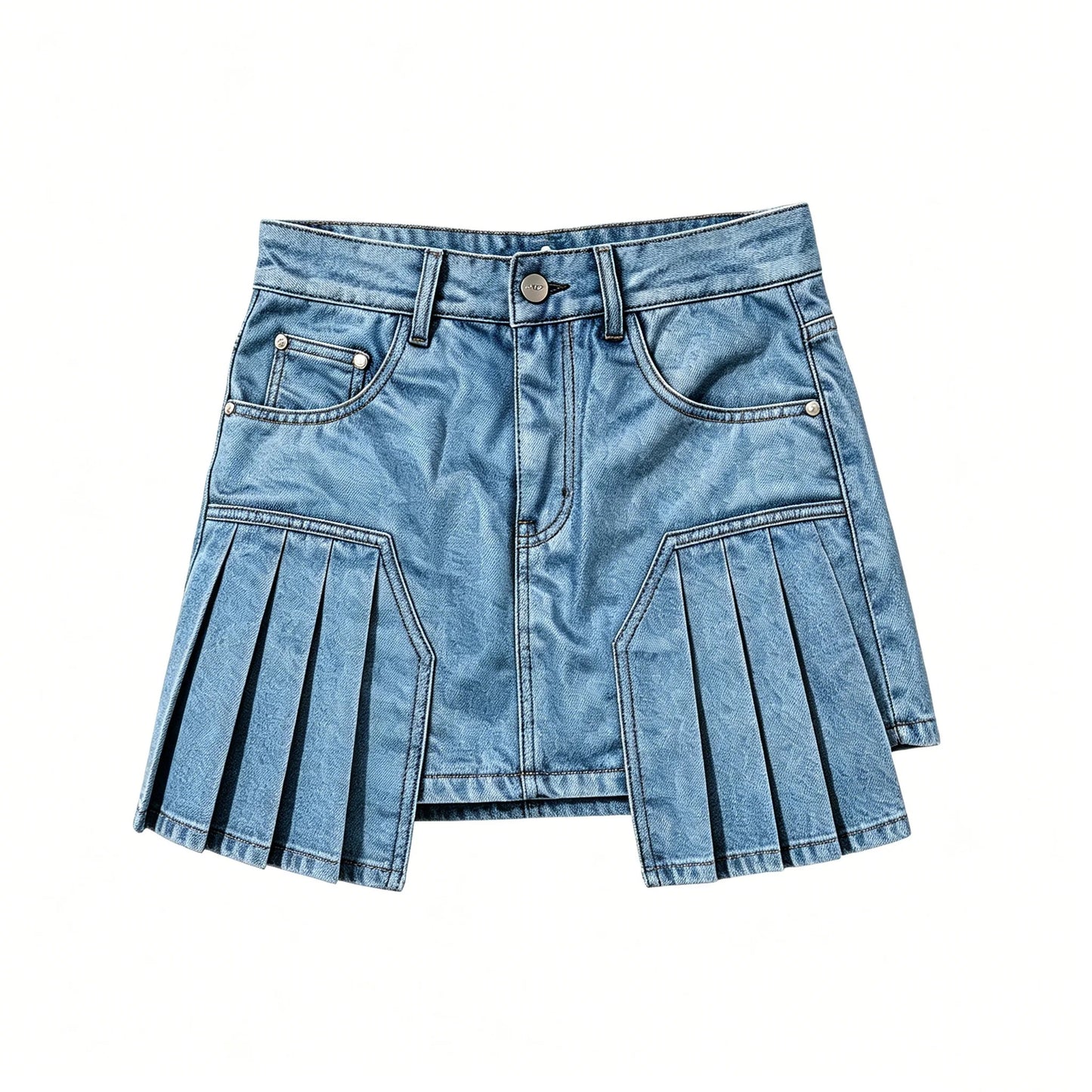 Light Blue Pleated Denim Mini Skirt