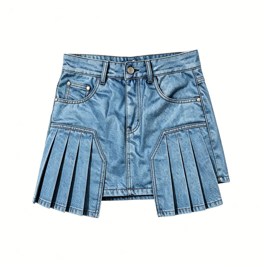 Light Blue Pleated Denim Mini Skirt