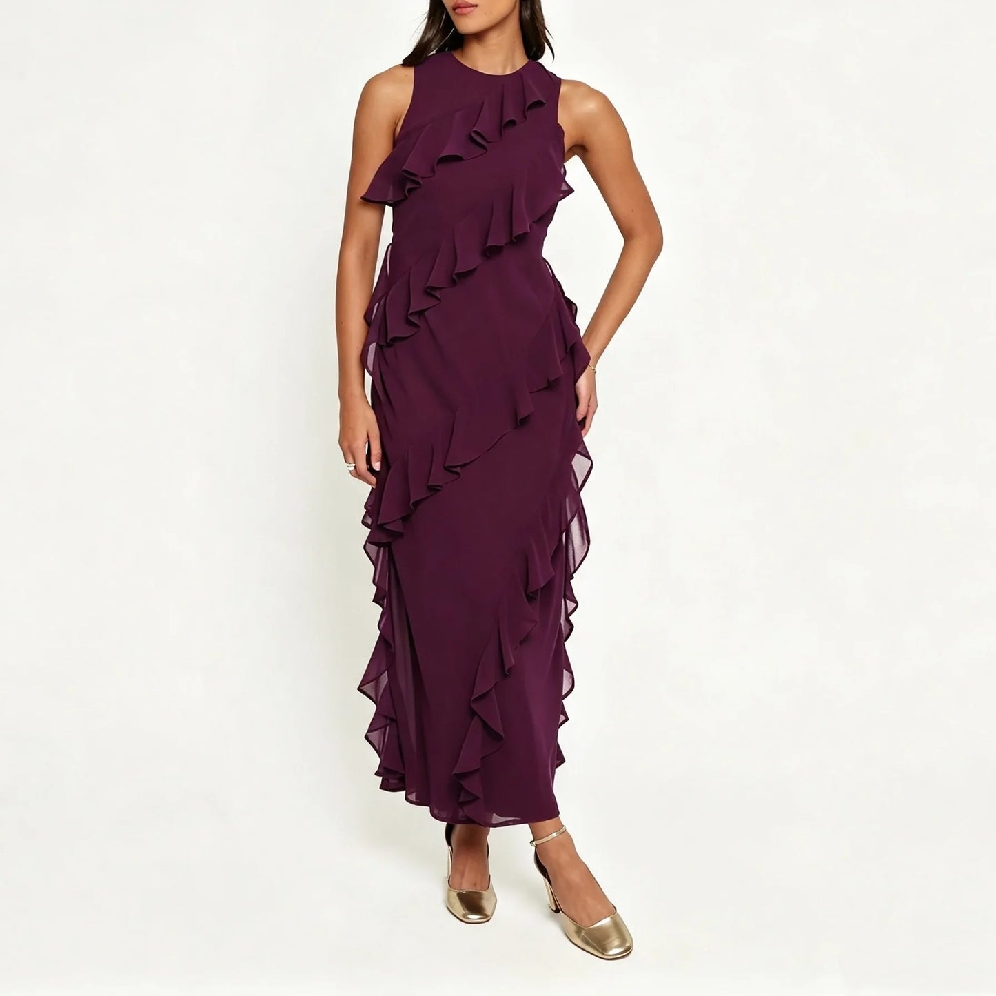 Plum Ruffle Maxi Dress with Asymmetric Layers