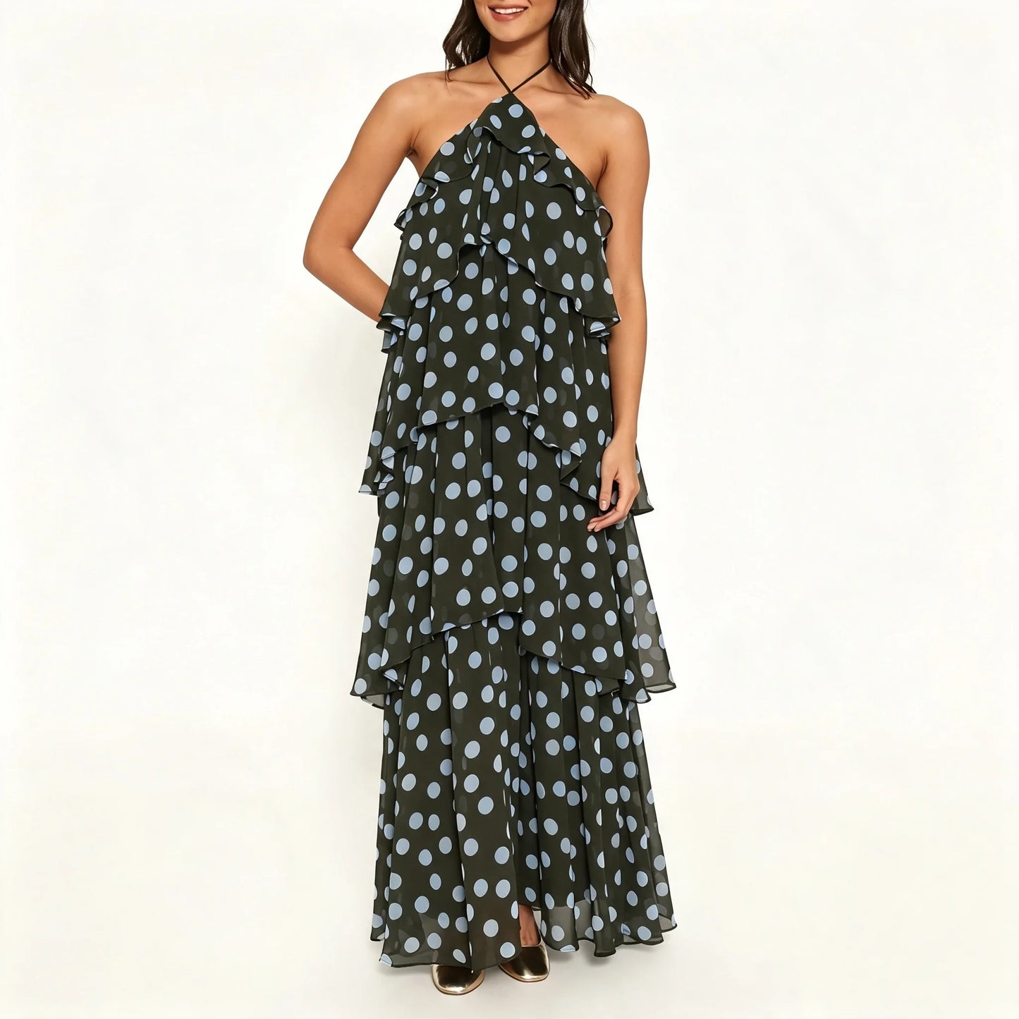 Dark Olive Polka Dot Tiered Halter Maxi Dress