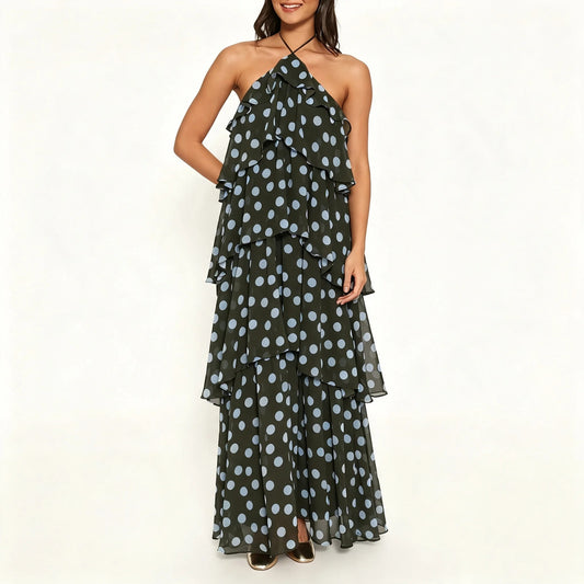 Dark Olive Polka Dot Tiered Halter Maxi Dress