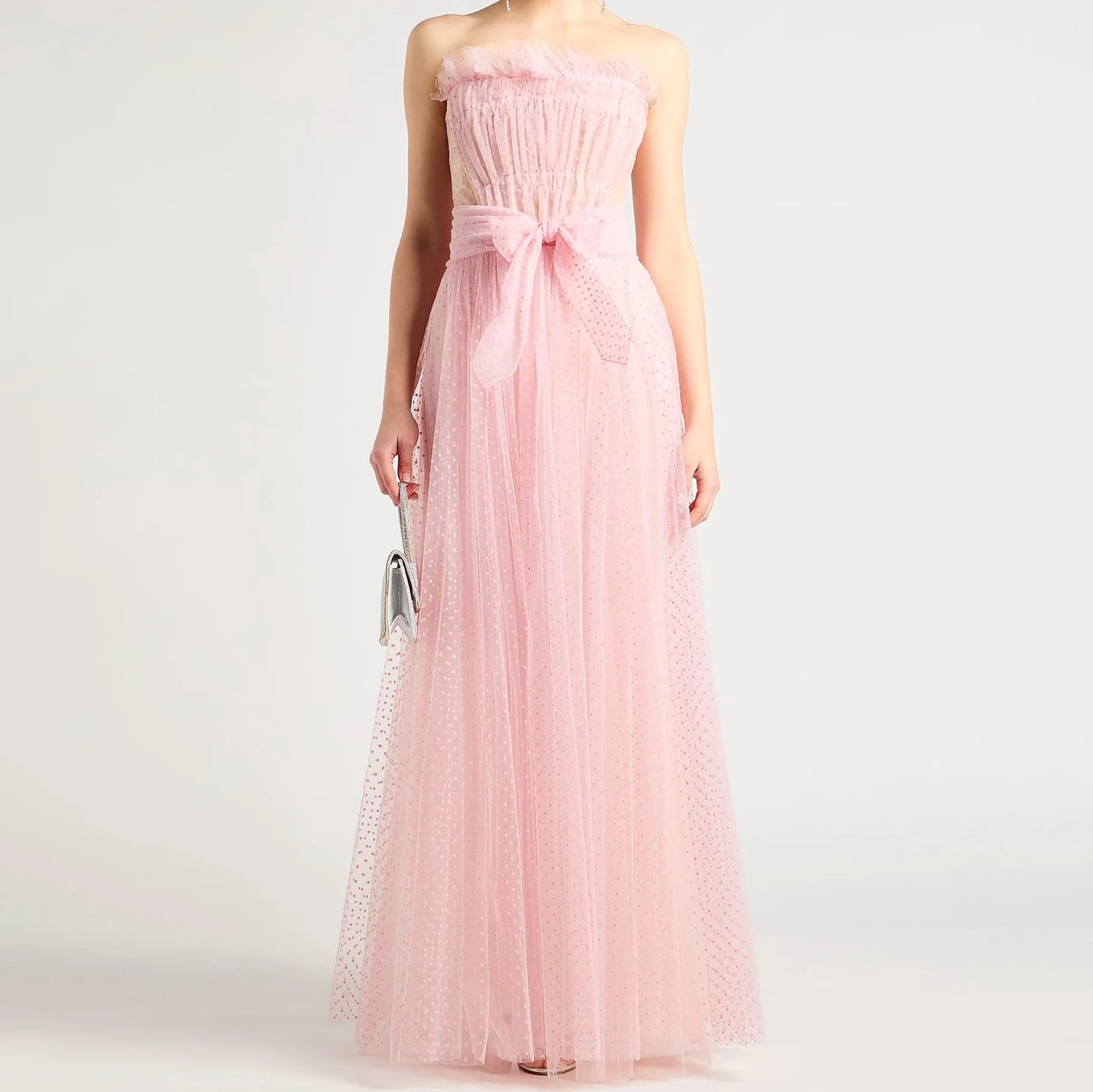 Light Pink Strapless Maxi Dress with Dotted Overlay