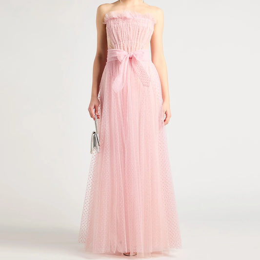 Light Pink Strapless Maxi Dress with Dotted Overlay