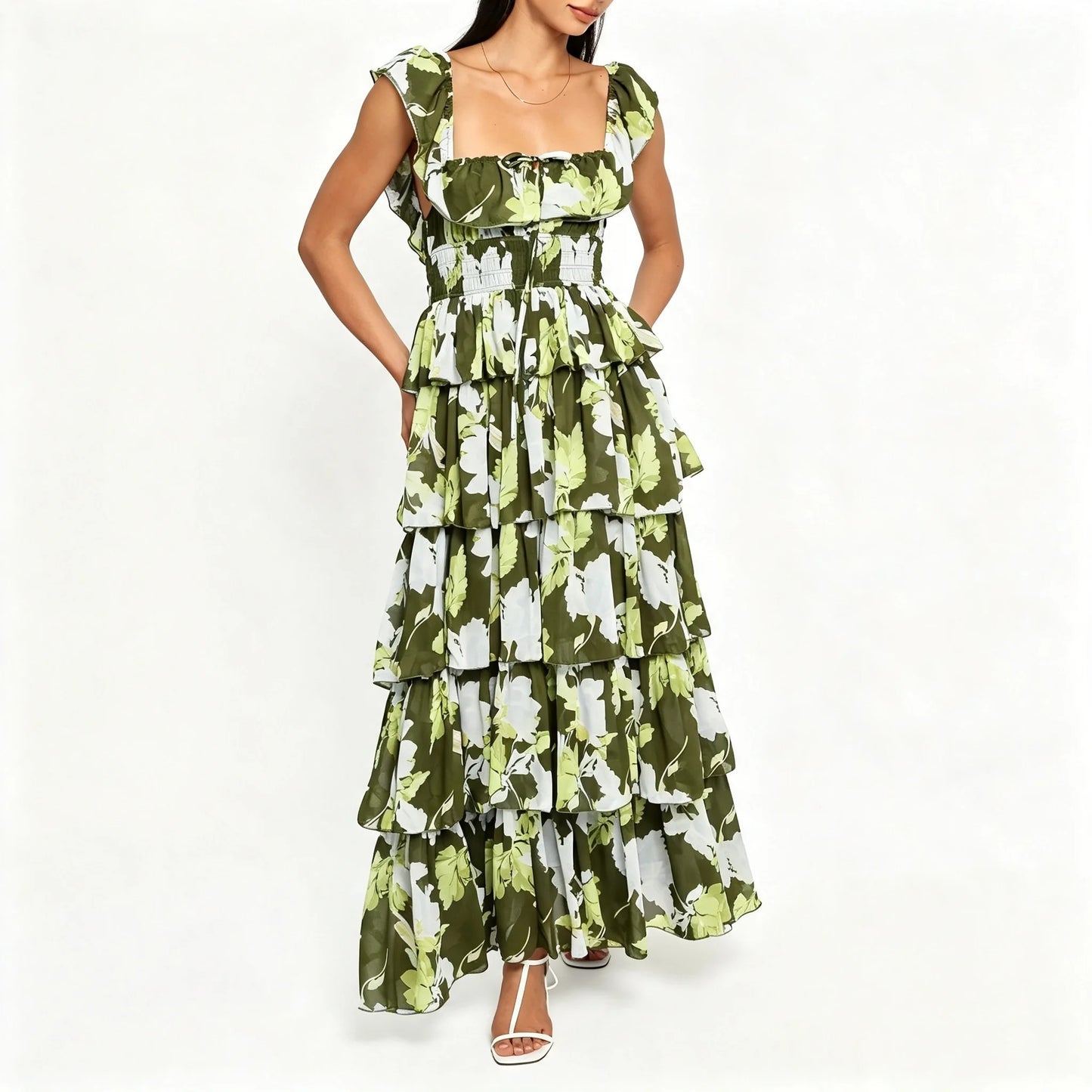 Olive Green Floral Tiered Maxi Dress with Ruffle Neckline