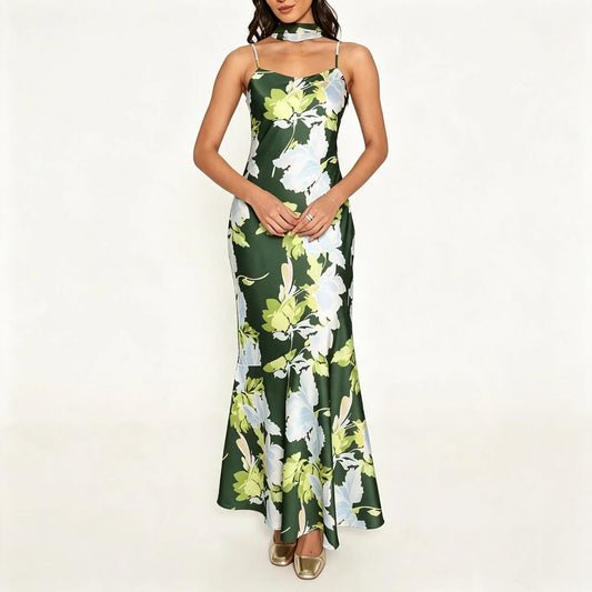 Dark Green Floral Maxi Dress with Scarf Detail