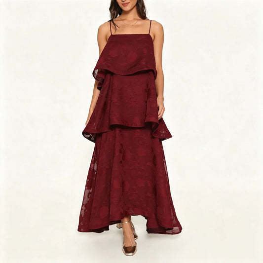 Burgundy Floral Jacquard Tiered Maxi Dress