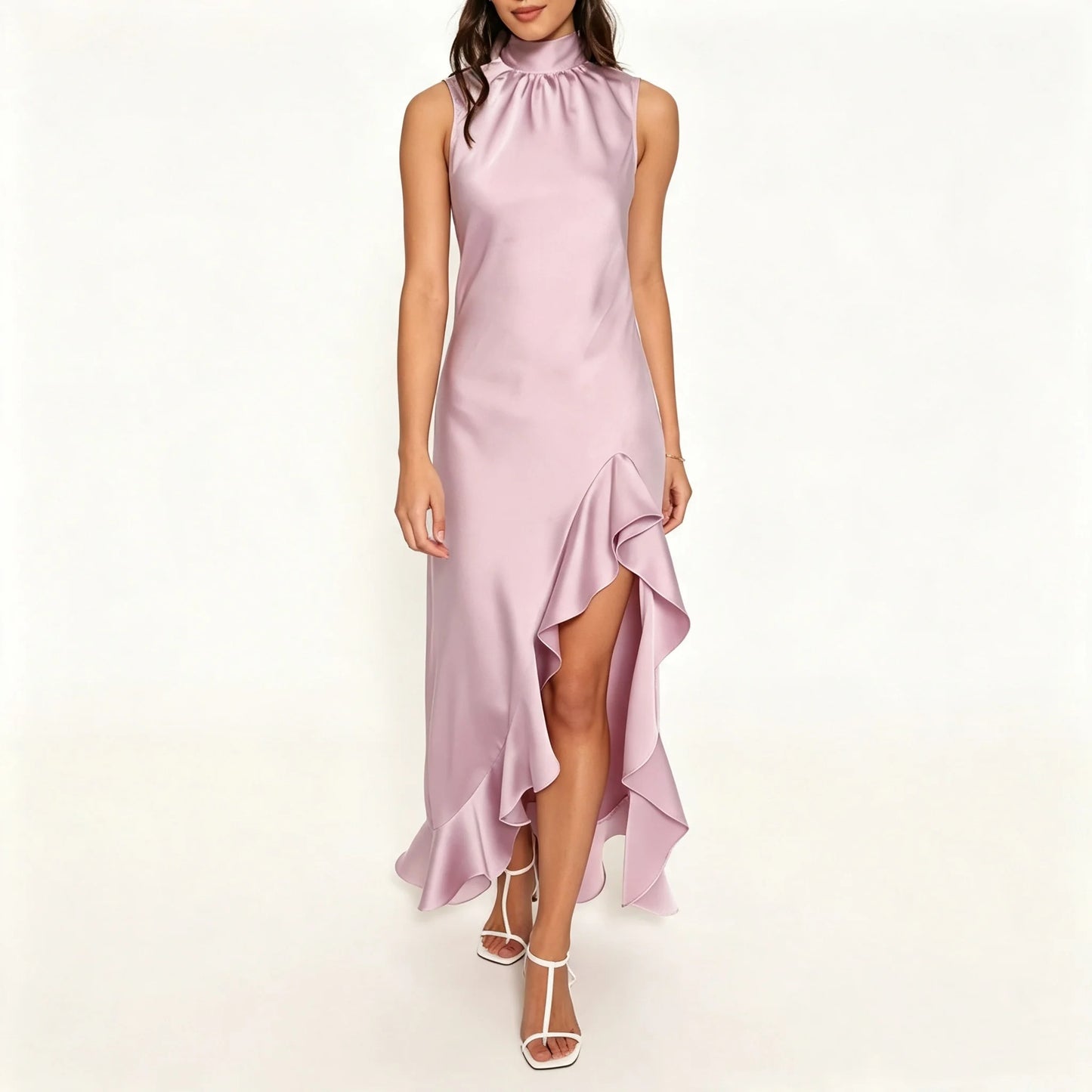 Dusty Pink High-Neck Maxi Dress with Ruffled Slit
