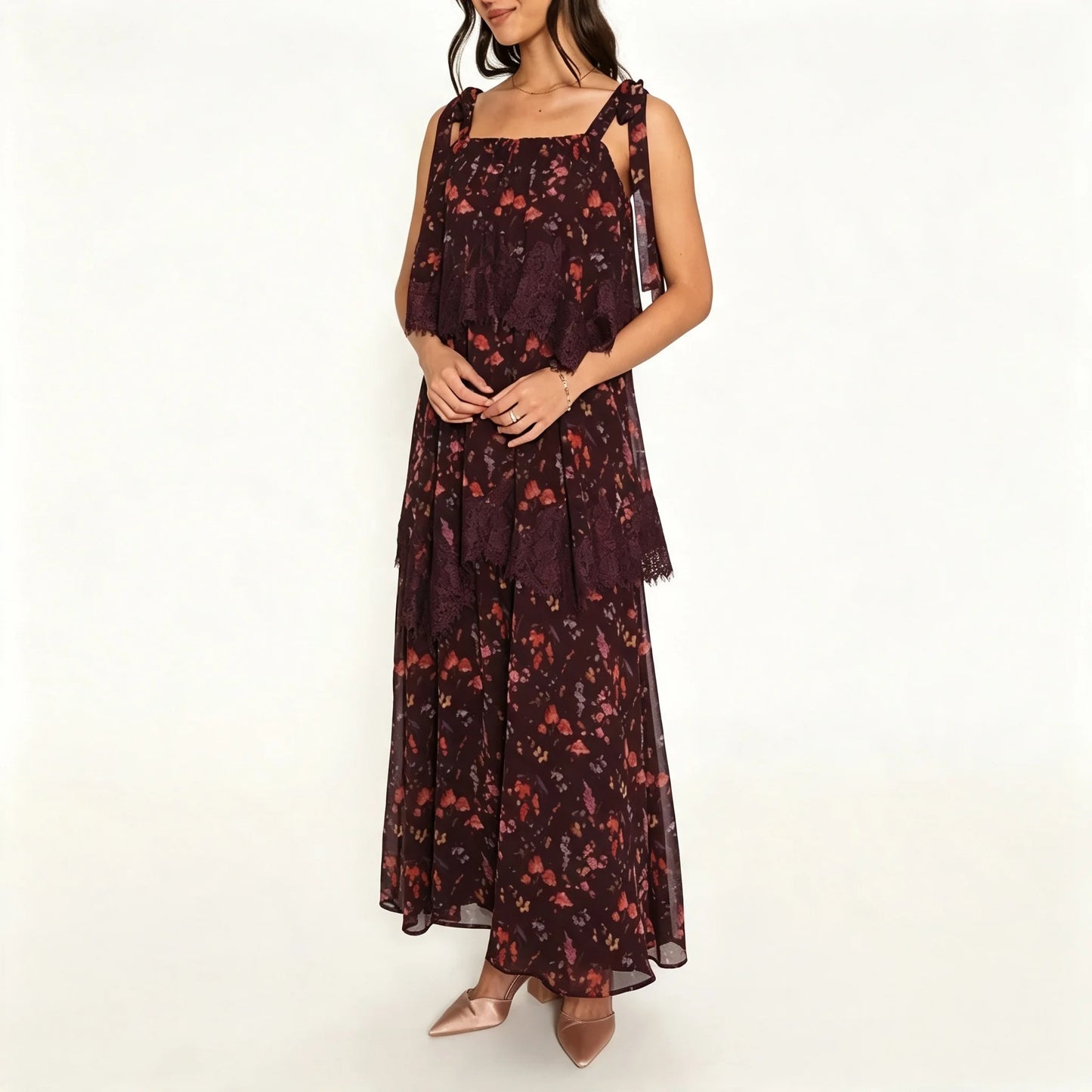 Burgundy Floral Tiered Maxi Dress with Lace Trim