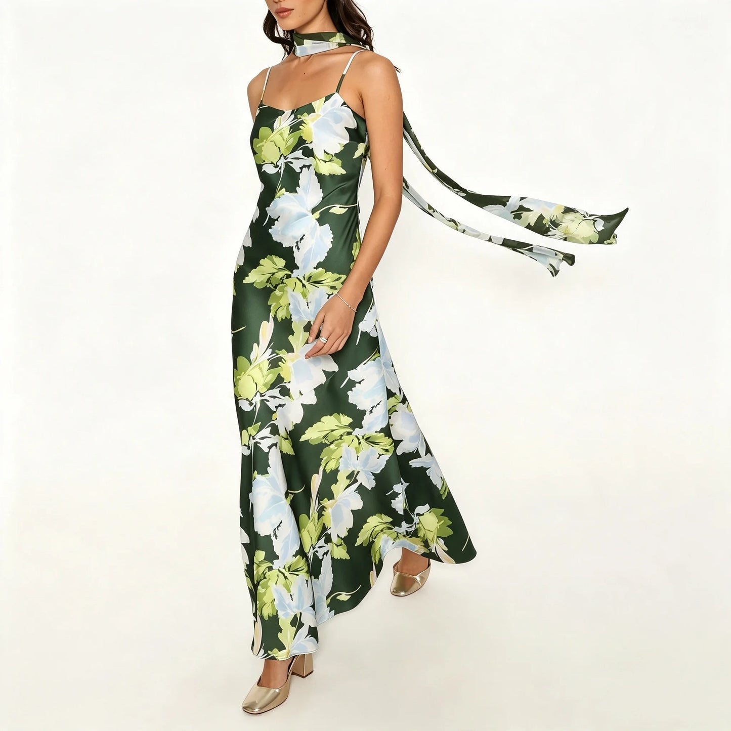 Dark Green Floral Maxi Dress with Scarf Detail
