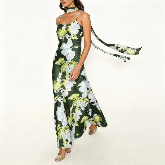 Dark Green Floral Maxi Dress with Scarf Detail
