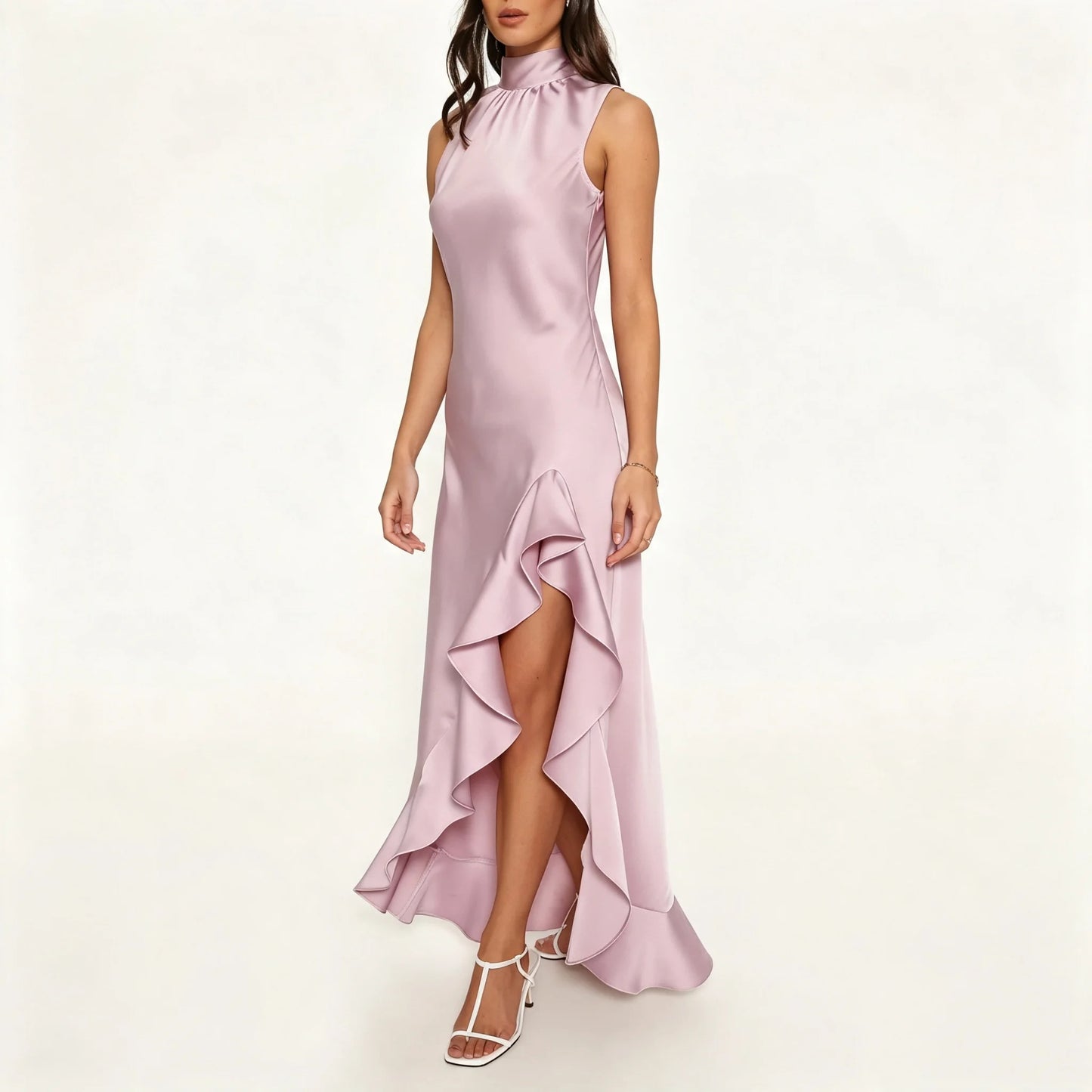 Dusty Pink High-Neck Maxi Dress with Ruffled Slit