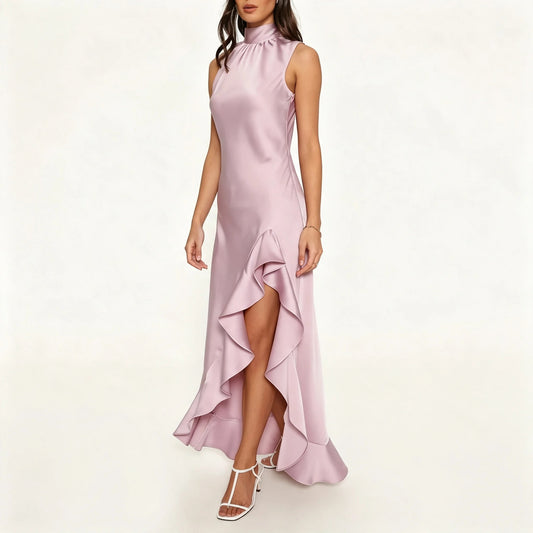 Dusty Pink High-Neck Maxi Dress with Ruffled Slit