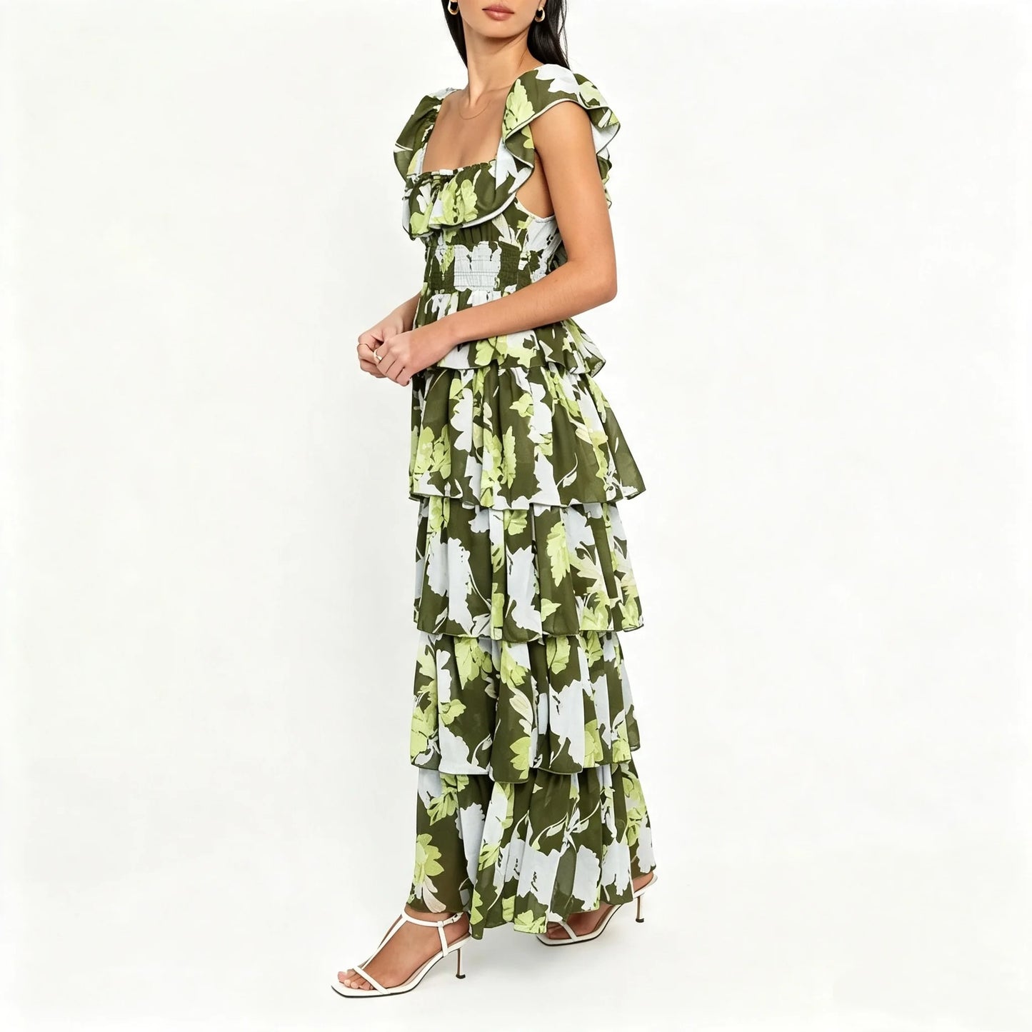 Olive Green Floral Tiered Maxi Dress with Ruffle Neckline