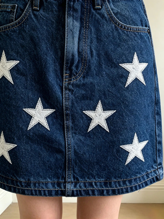 Dark Blue Star Appliqué Denim Mini Skirt