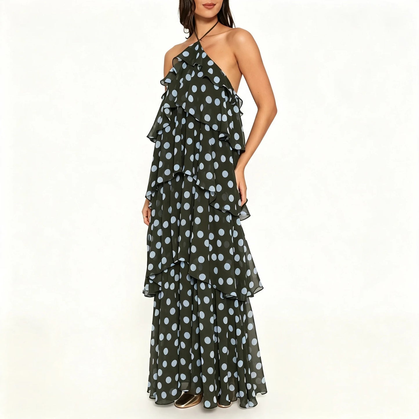 Dark Olive Polka Dot Tiered Halter Maxi Dress