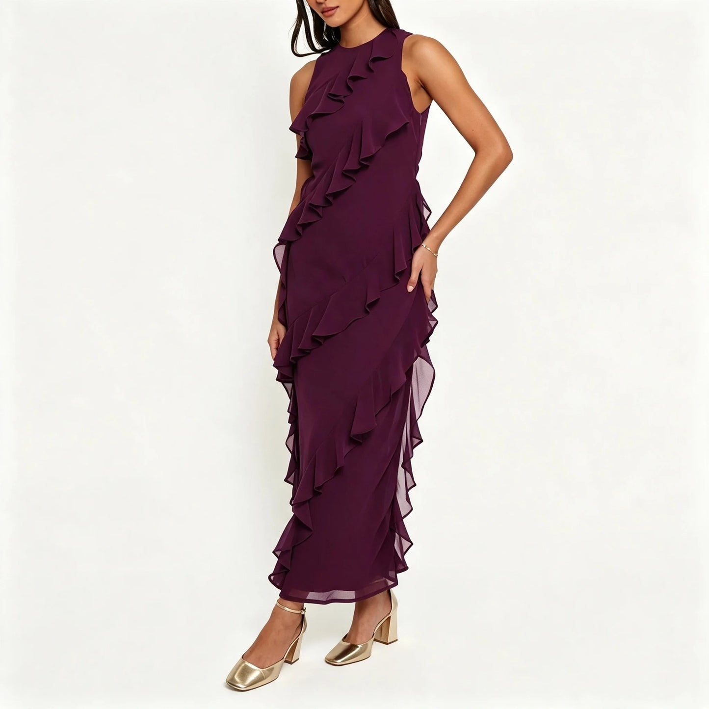 Plum Ruffle Maxi Dress with Asymmetric Layers
