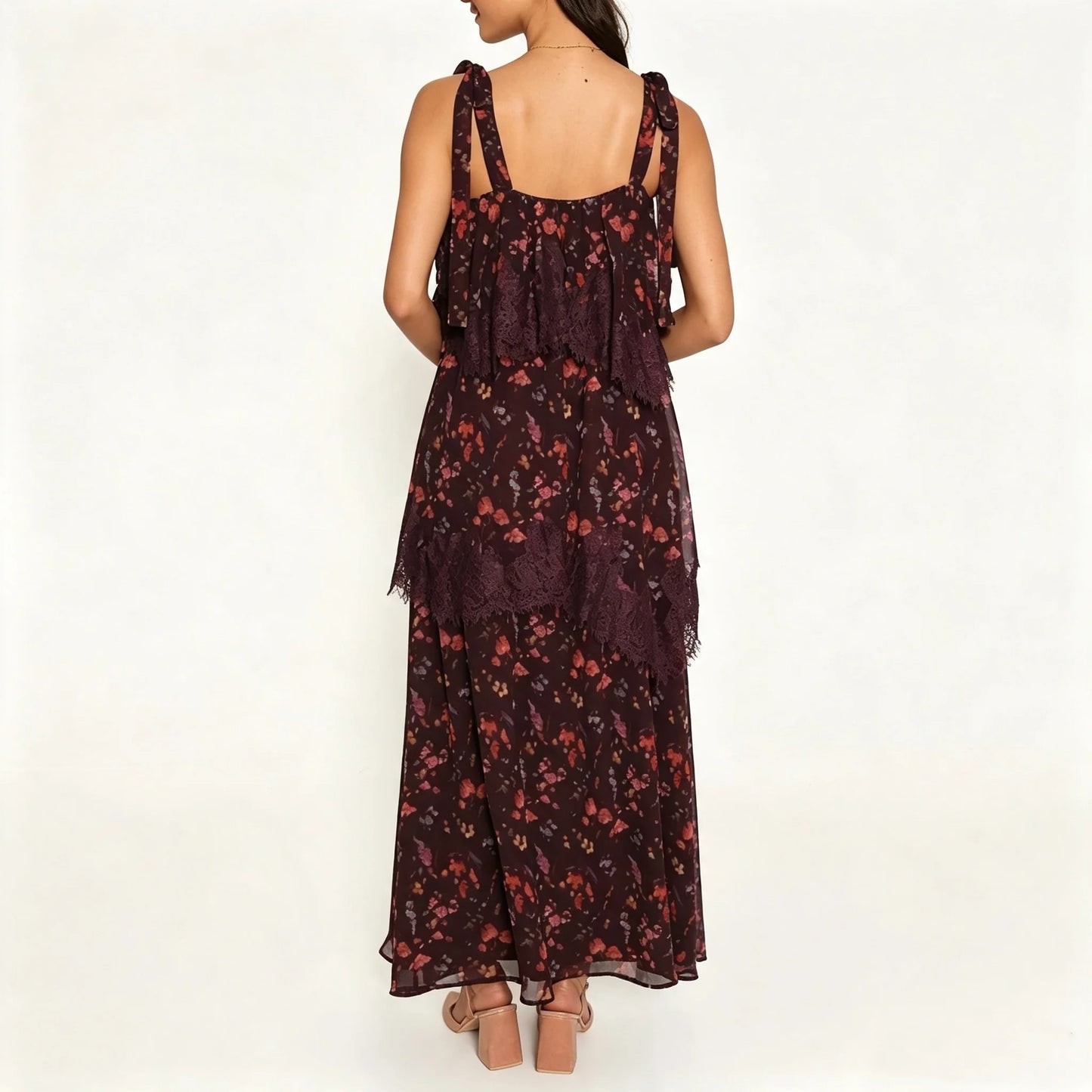 Burgundy Floral Tiered Maxi Dress with Lace Trim