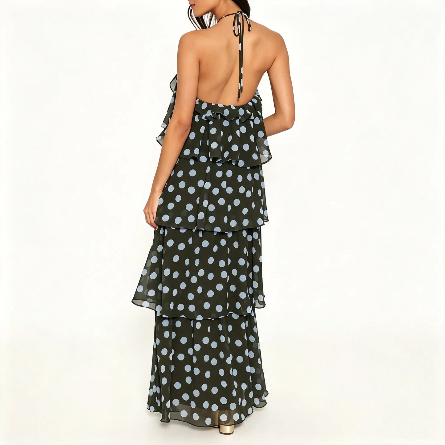 Dark Olive Polka Dot Tiered Halter Maxi Dress