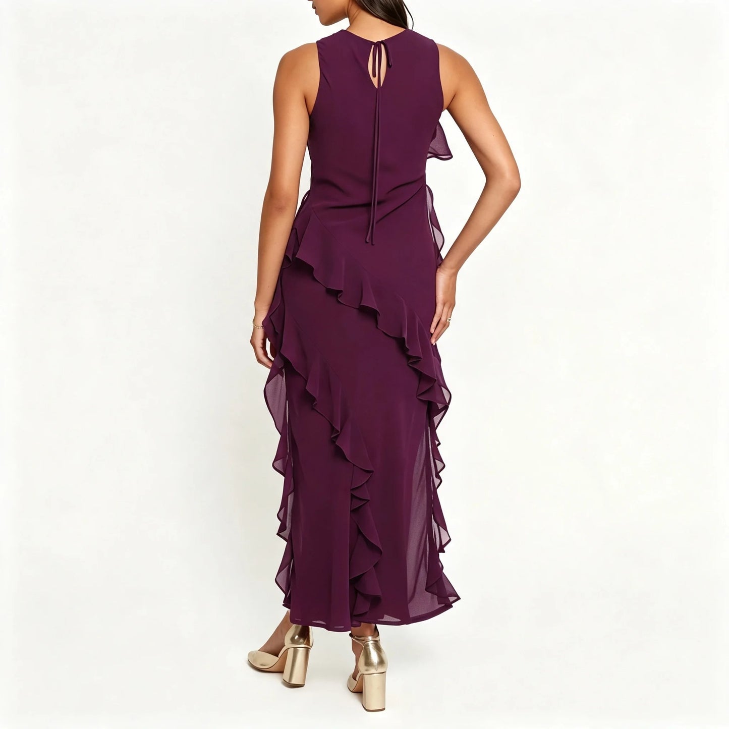 Plum Ruffle Maxi Dress with Asymmetric Layers