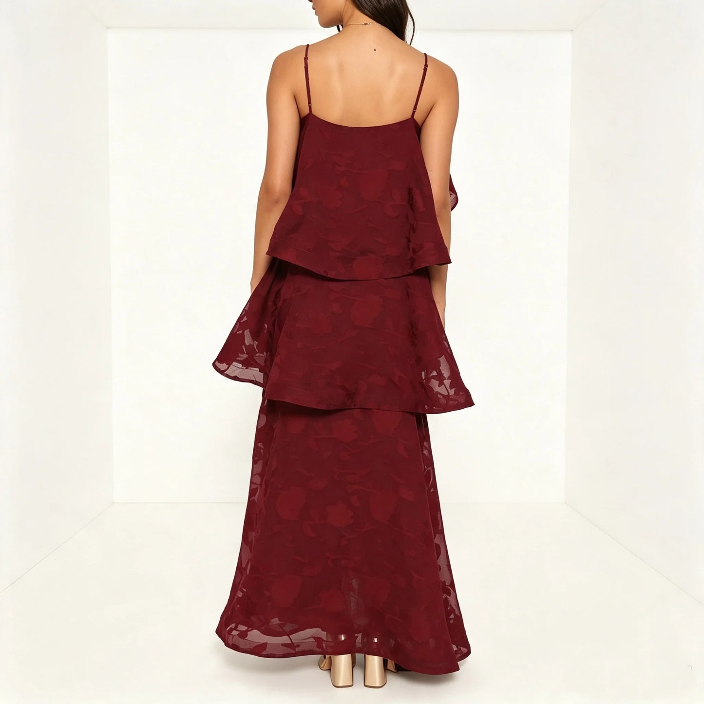 Burgundy Floral Jacquard Tiered Maxi Dress