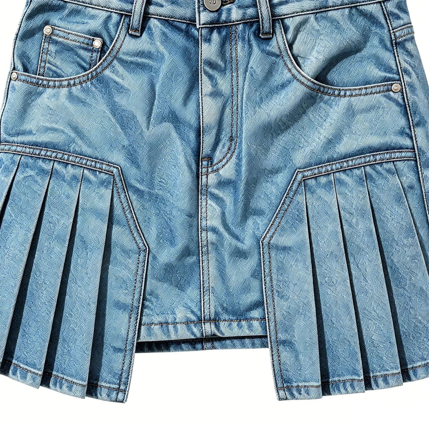 Light Blue Pleated Denim Mini Skirt