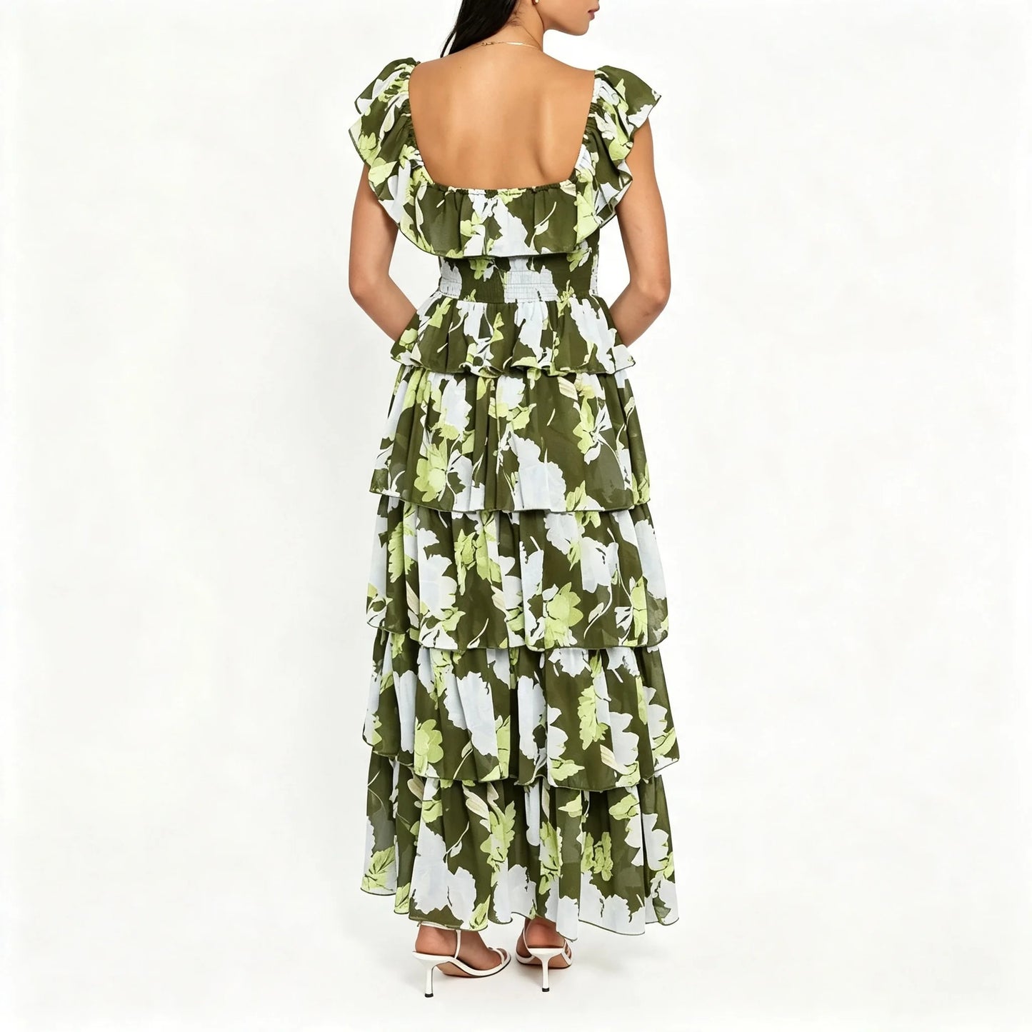 Olive Green Floral Tiered Maxi Dress with Ruffle Neckline