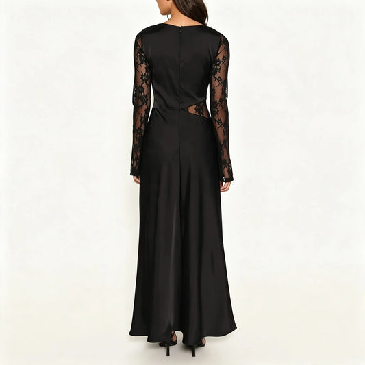Black Lace-Sleeve Maxi Dress with Waist Cutout