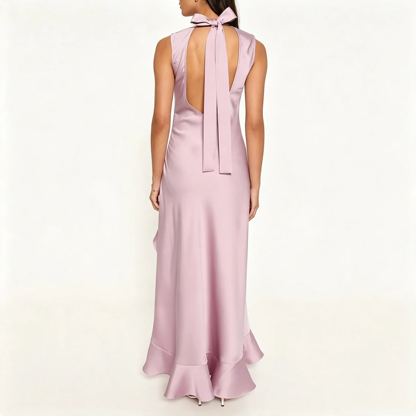 Dusty Pink High-Neck Maxi Dress with Ruffled Slit